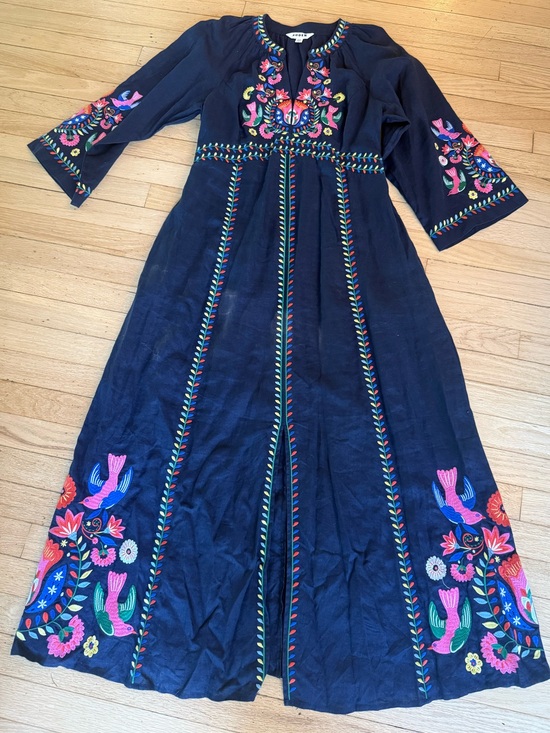 Boden Dresses & Skirts - BODEN Embroidered Navy Maxi linen Tassel Dress with Floral Motif size 10R EUC